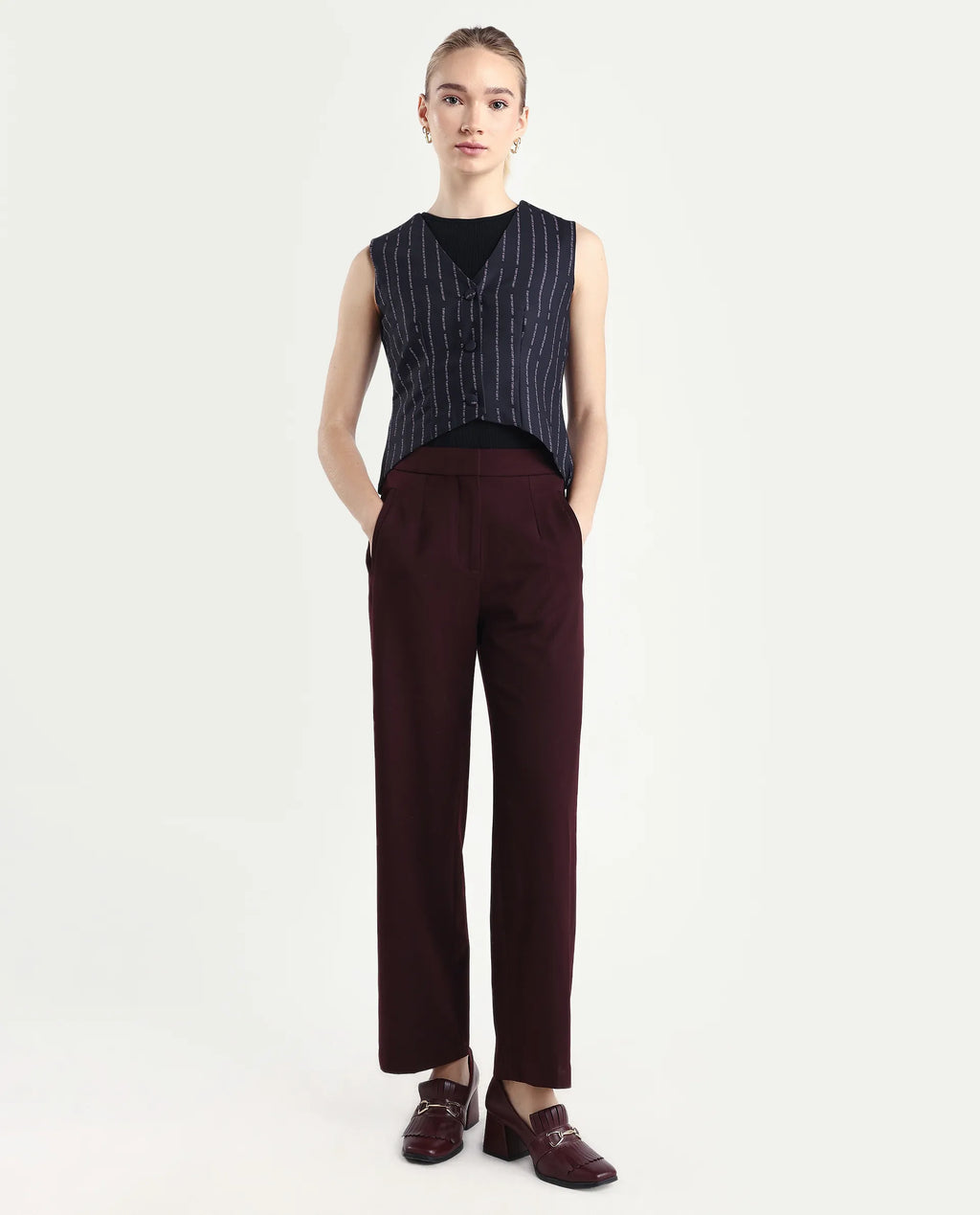 Rareism Women Srait Maroon Polyester Blend Button Closure Straight Fit Plain Travel Trouser