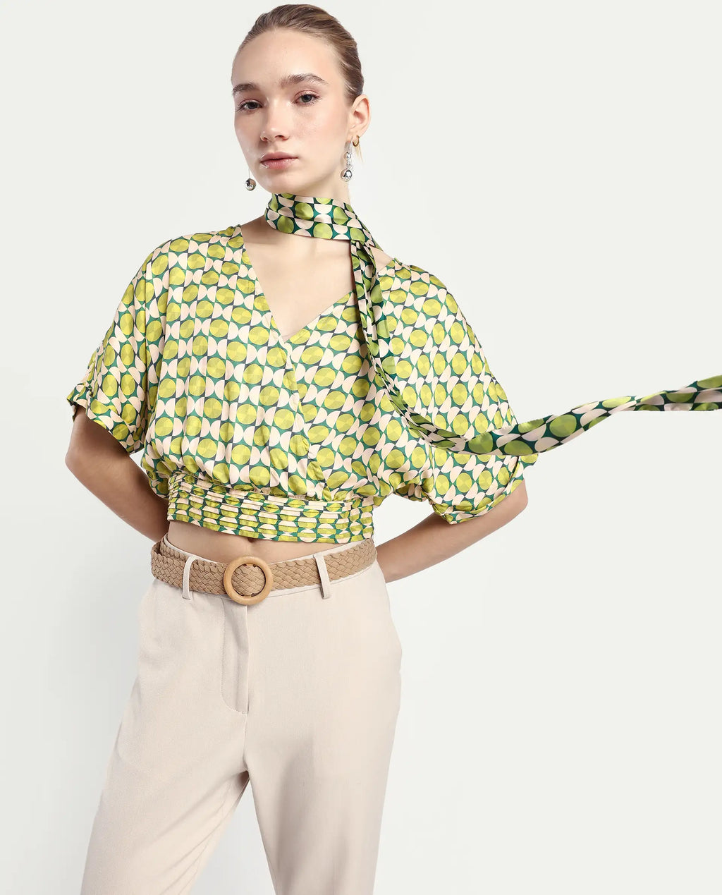 Rareism Women's Stabia Green Cotton Blend Overlap Neck Geometric Print Extended Sleeves Crop Regular Fit Top