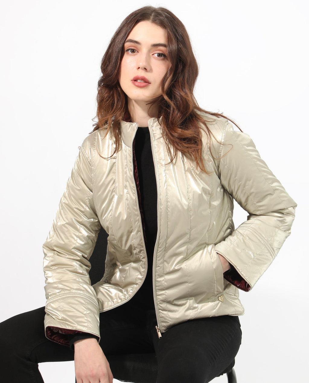 Rareism Women's Stein Gold Polyester Mandarin Collar Plain Regular Fit Jacket
