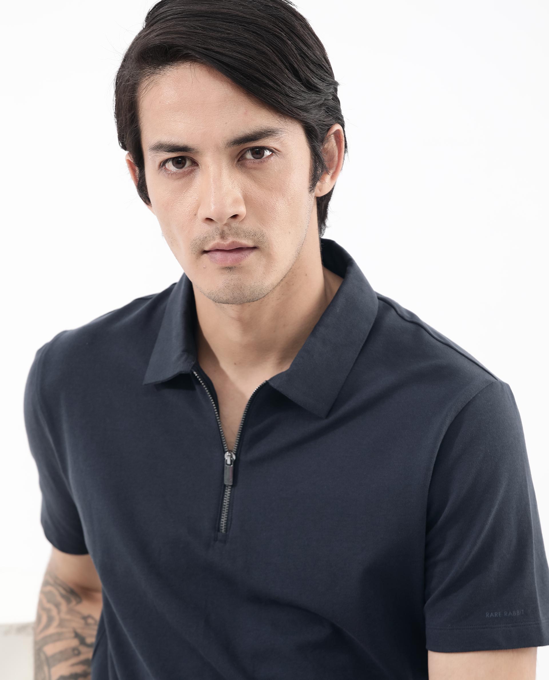 Rare Rabbit Men's Stan2 Dusky Navy Cotton Blend Plain Regular Fit Half Sleeve Polo
