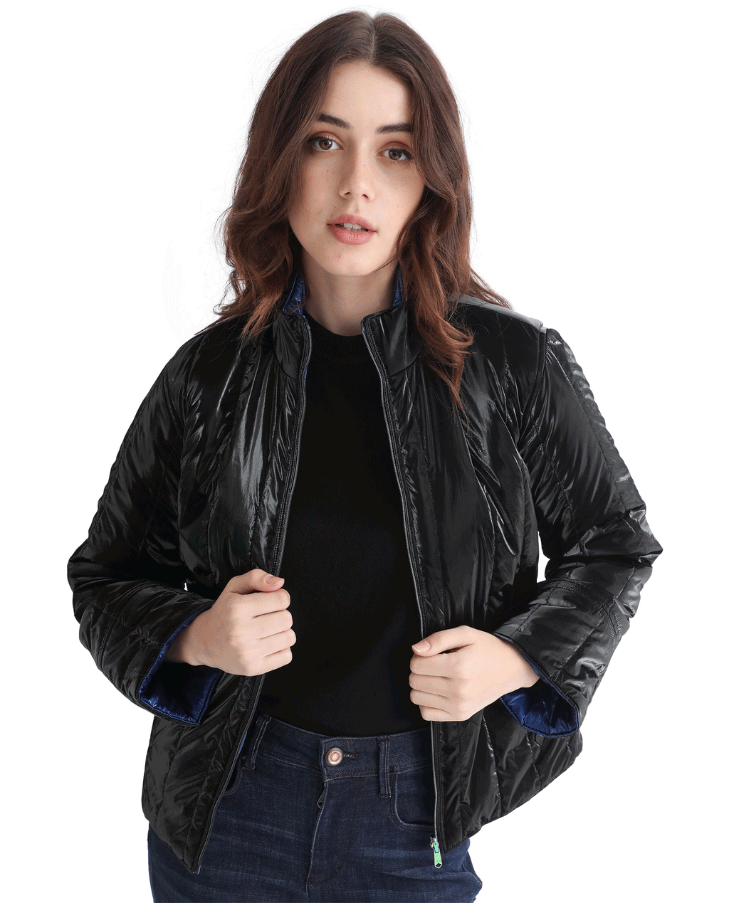 Rareism Women's Stein Navy Polyester Mandarin Collar Plain Regular Fit Jacket
