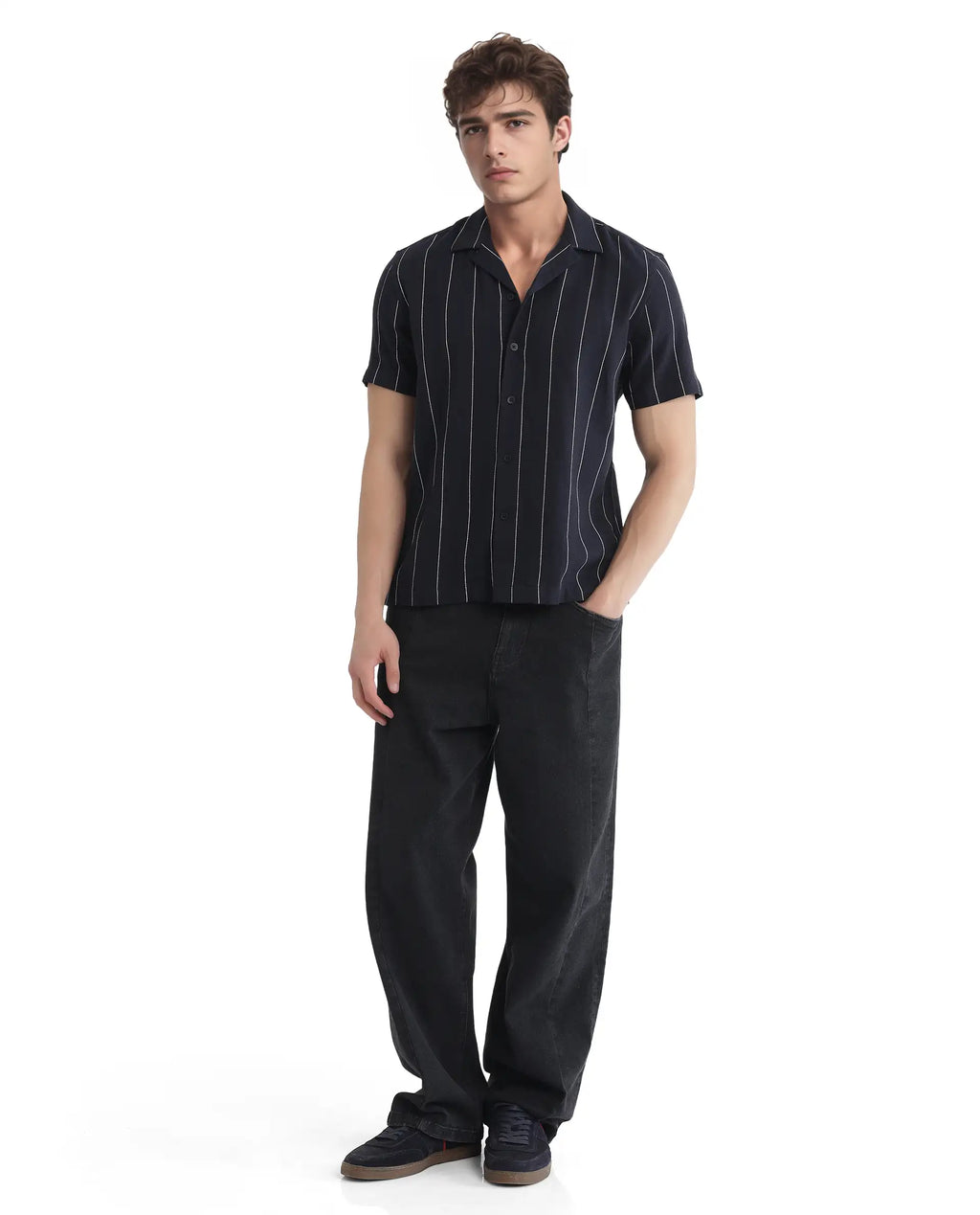 Rare Rabbit Men's Ste Navy Cotton Blend Striped Print Boxy Fit Half Sleeve Cuban Collar Shirt