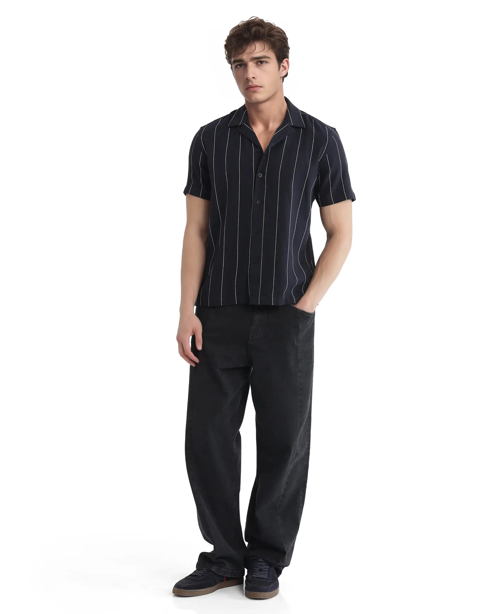 Rare Rabbit Men's Ste Navy Cotton Blend Striped Print Boxy Fit Half Sleeve Cuban Collar Shirt