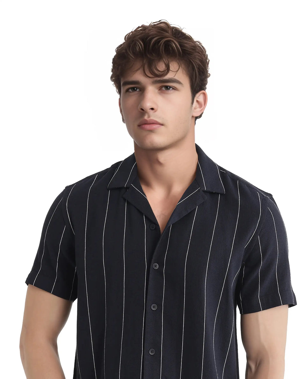 Rare Rabbit Men's Ste Navy Cotton Blend Striped Print Boxy Fit Half Sleeve Cuban Collar Shirt
