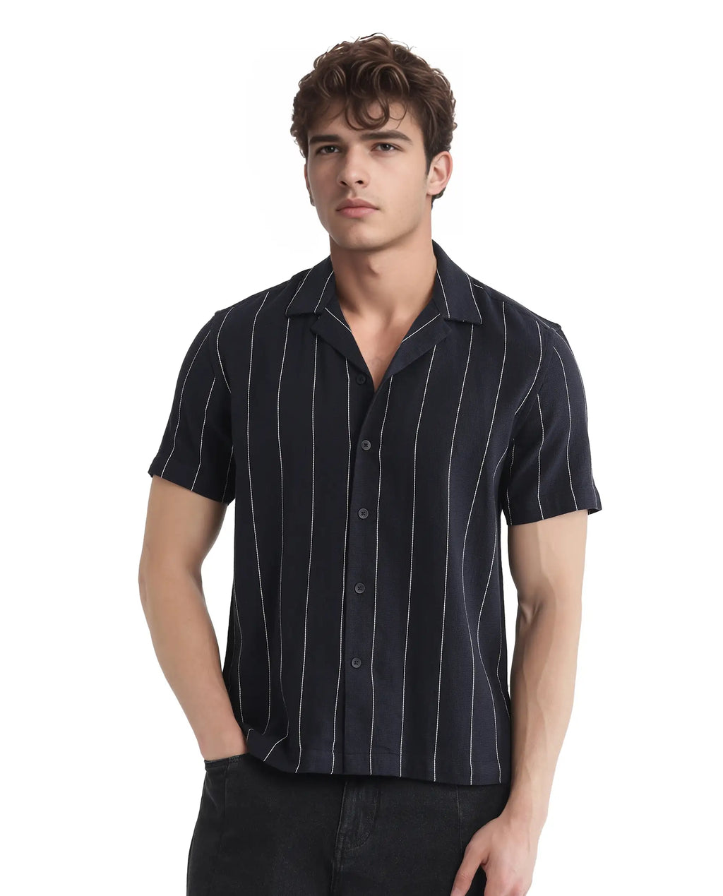 Rare Rabbit Men's Ste Navy Cotton Blend Striped Print Boxy Fit Half Sleeve Cuban Collar Shirt