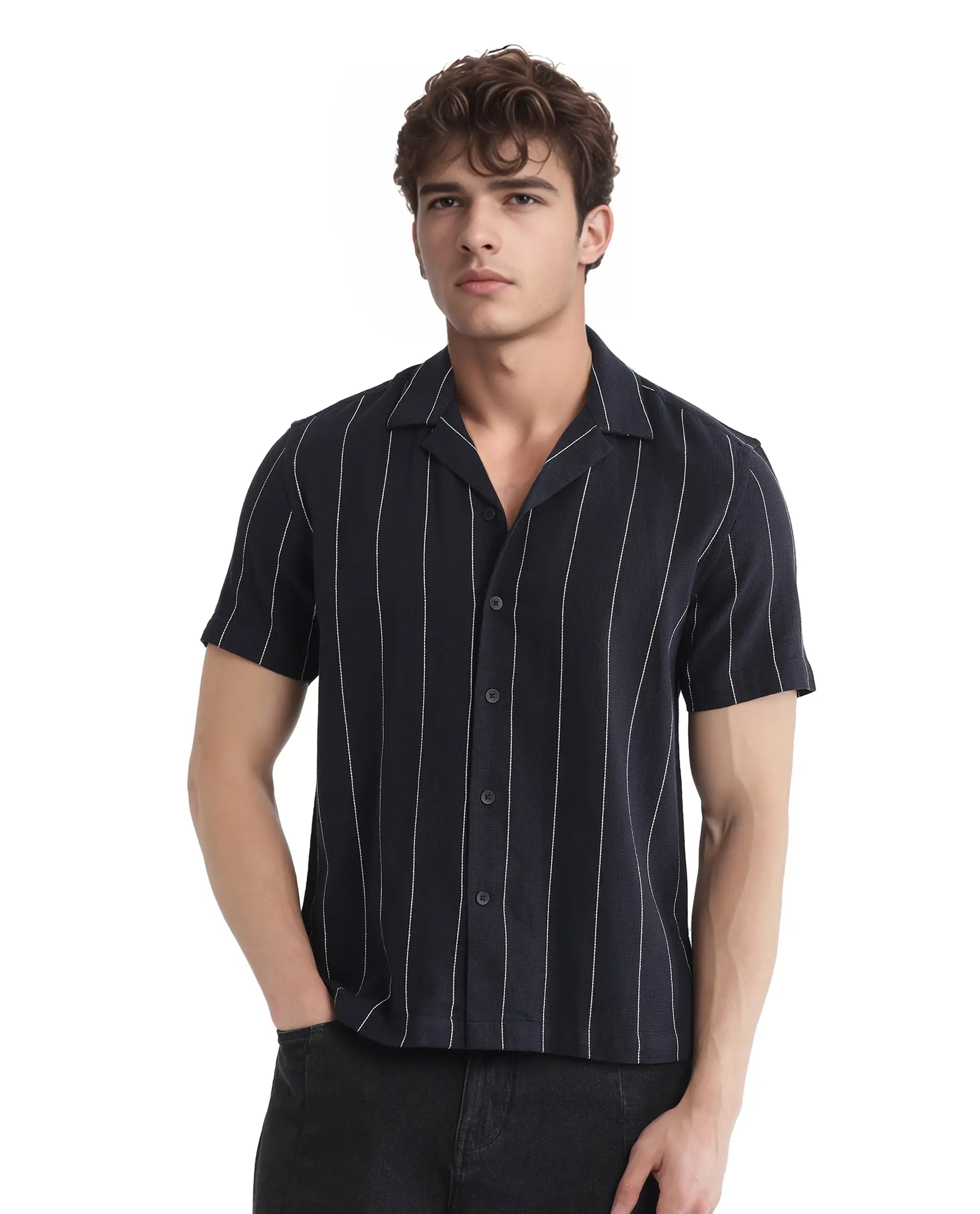 Rare Rabbit Men's Ste Navy Cotton Blend Striped Print Boxy Fit Half Sleeve Cuban Collar Shirt
