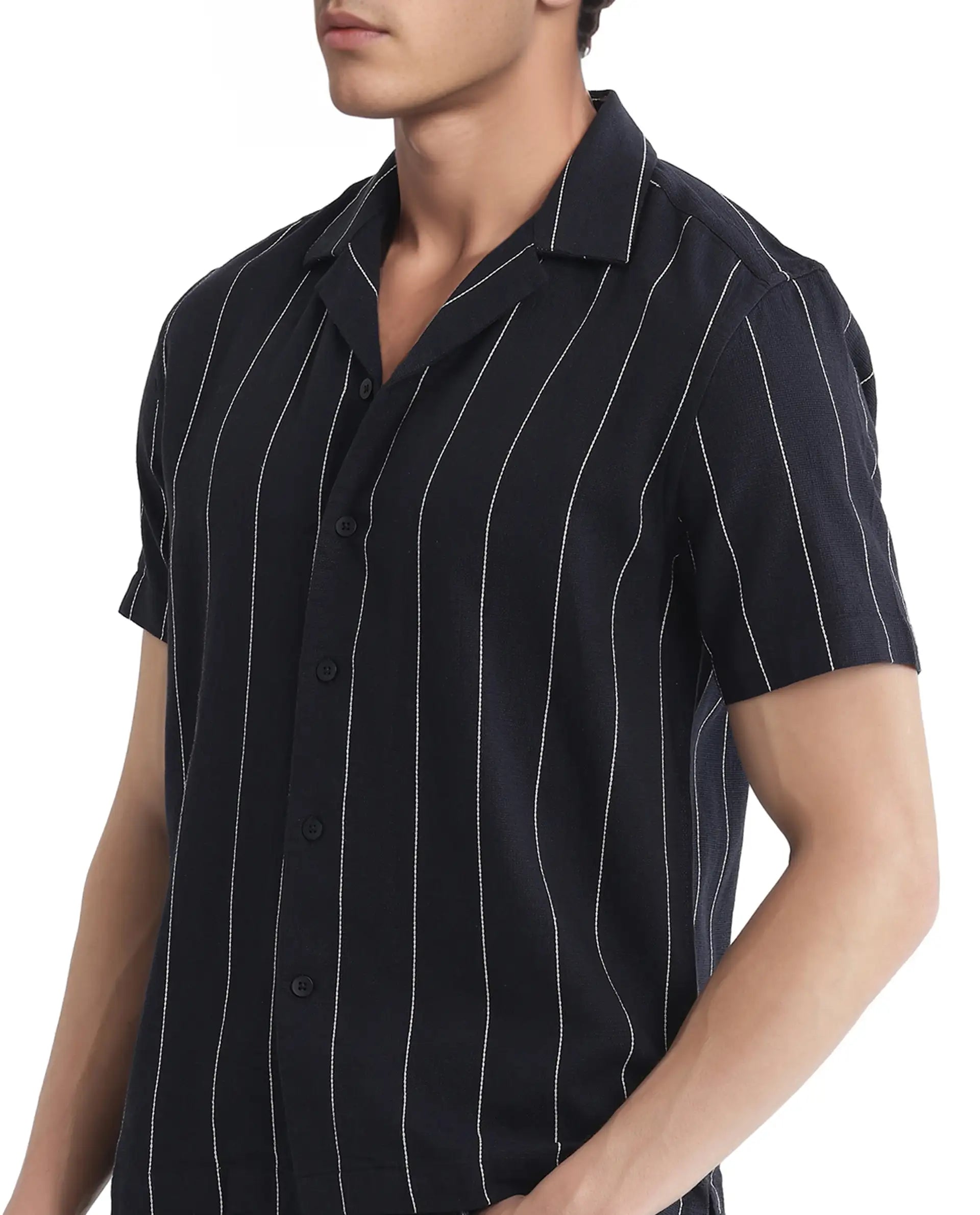Rare Rabbit Men's Ste Navy Cotton Blend Striped Print Boxy Fit Half Sleeve Cuban Collar Shirt