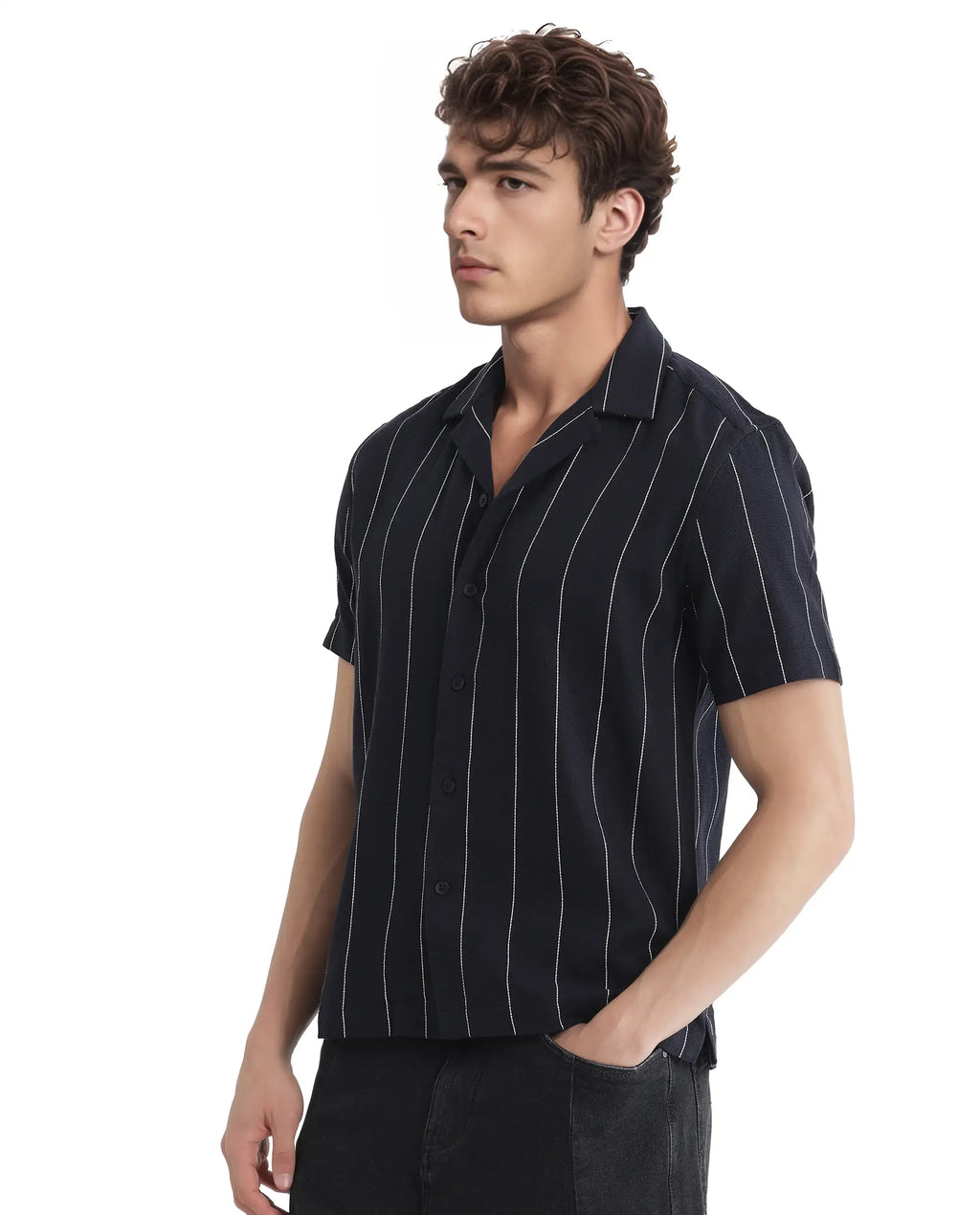 Rare Rabbit Men's Ste Navy Cotton Blend Striped Print Boxy Fit Half Sleeve Cuban Collar Shirt