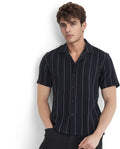 Rare Rabbit Men's Ste Navy Cotton Blend Striped Print Boxy Fit Half Sleeve Cuban Collar Shirt