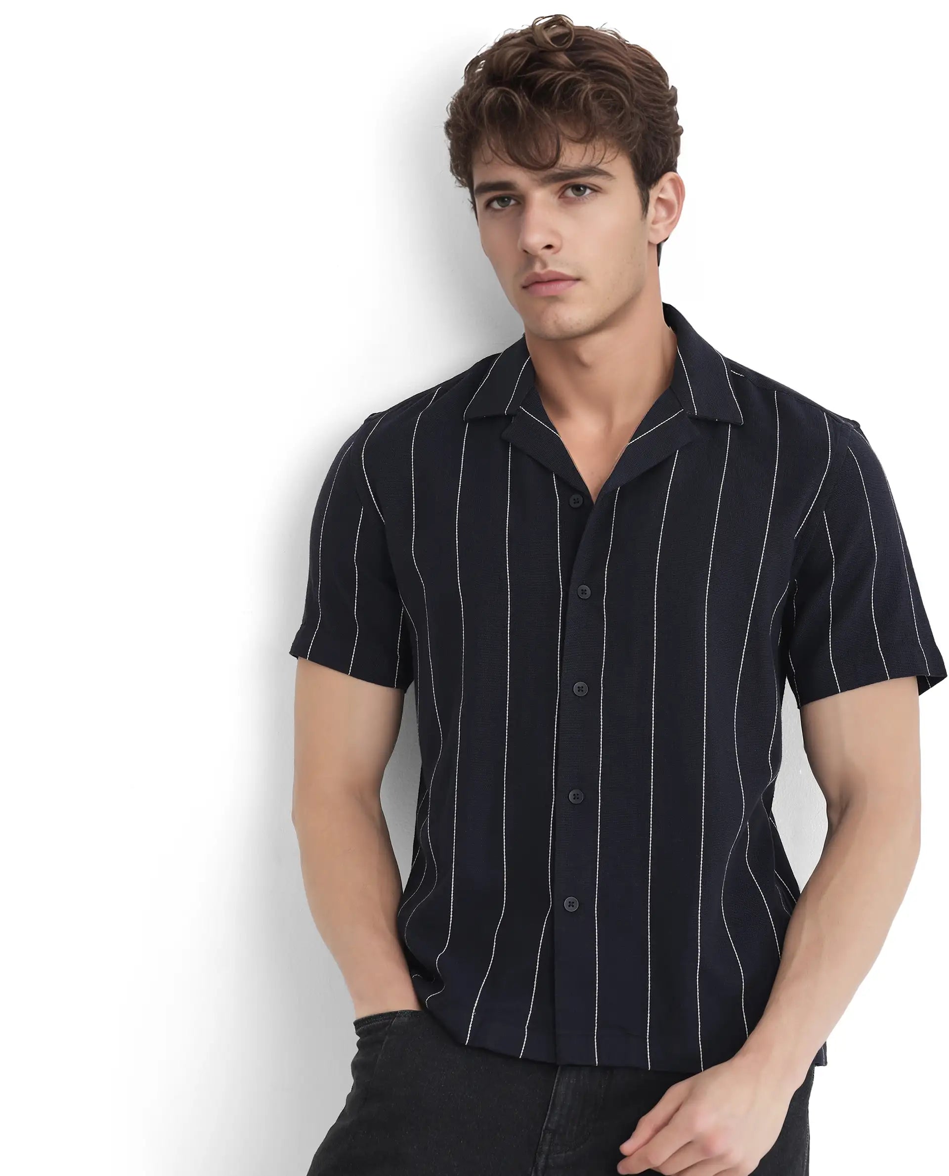 Rare Rabbit Men's Ste Navy Cotton Blend Striped Print Boxy Fit Half Sleeve Cuban Collar Shirt