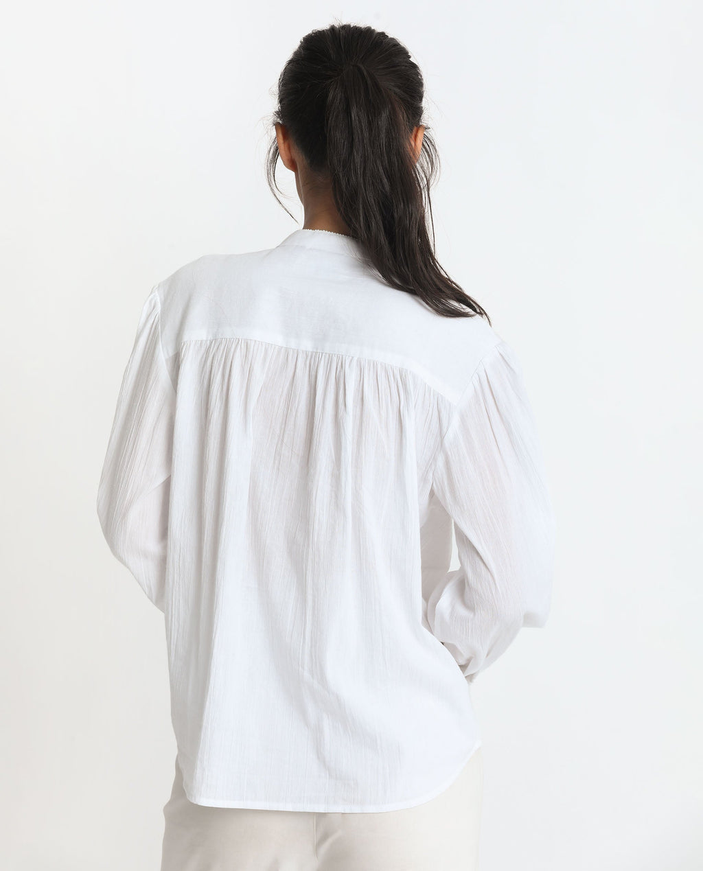 Rareism Women's Stern White Cotton Mandarin Collar Plain Bishop Sleeve Relaxed Fit Top