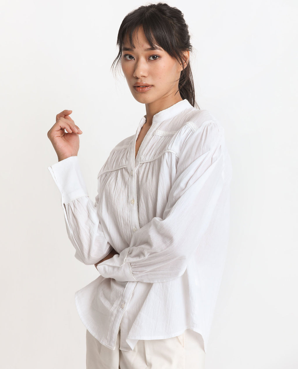 Rareism Women's Stern White Cotton Mandarin Collar Plain Bishop Sleeve Relaxed Fit Top