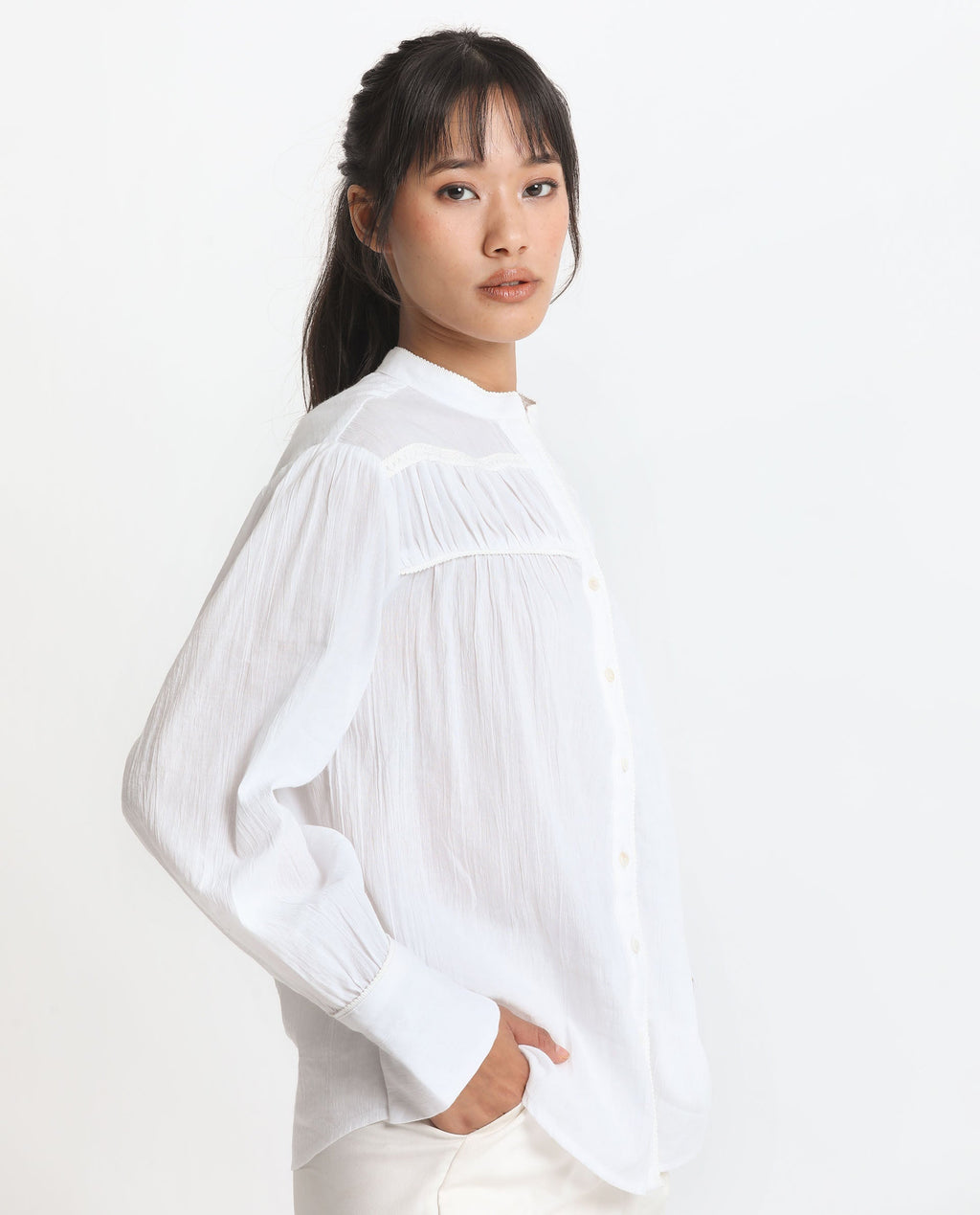 Rareism Women's Stern White Cotton Mandarin Collar Plain Bishop Sleeve Relaxed Fit Top