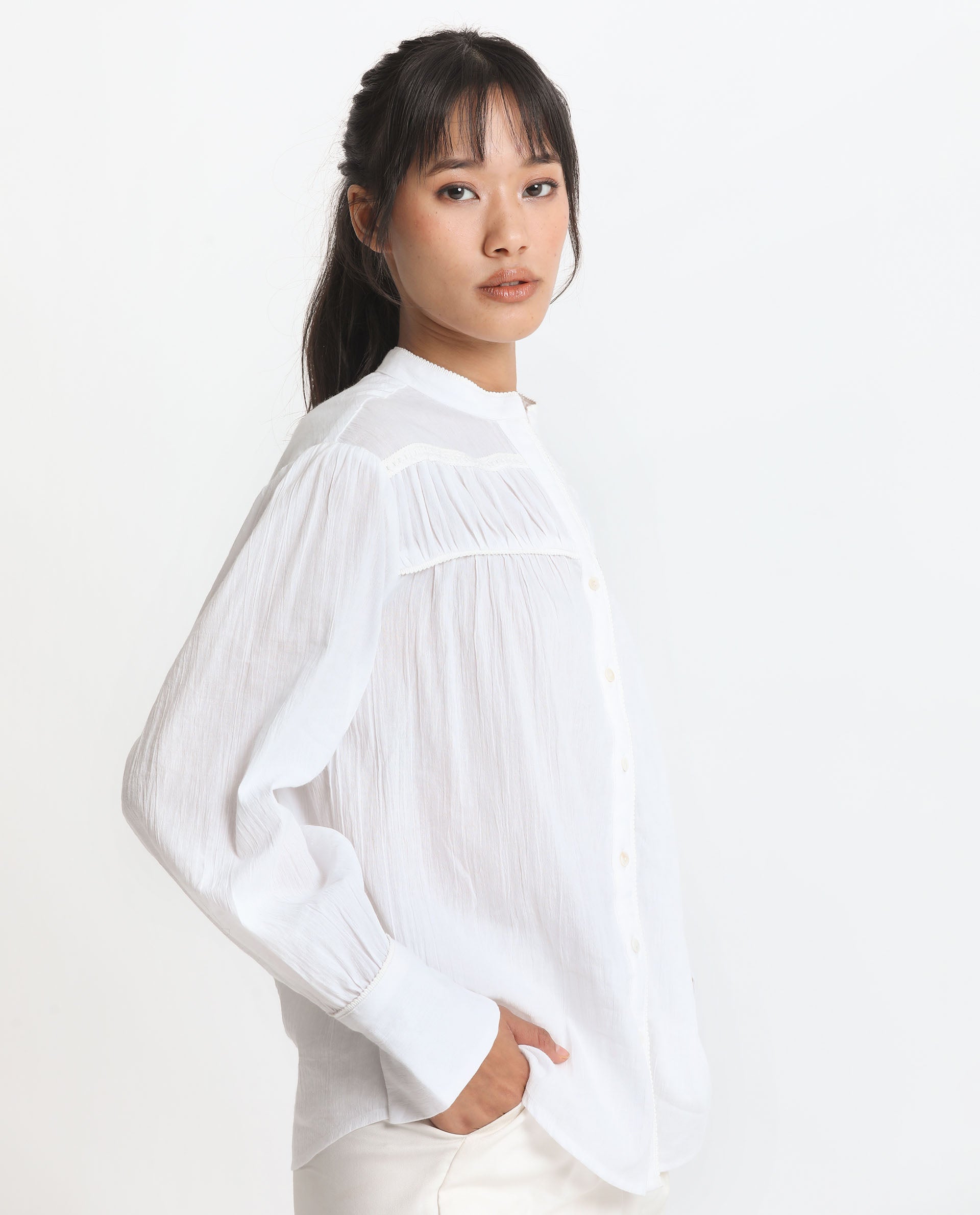 Rareism Women's Stern White Cotton Mandarin Collar Plain Bishop Sleeve Relaxed Fit Top