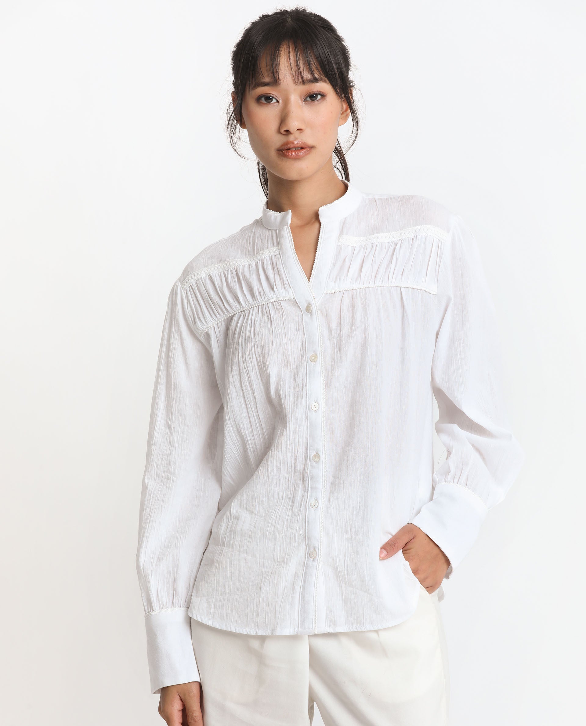 Rareism Women's Stern White Cotton Mandarin Collar Plain Bishop Sleeve Relaxed Fit Top