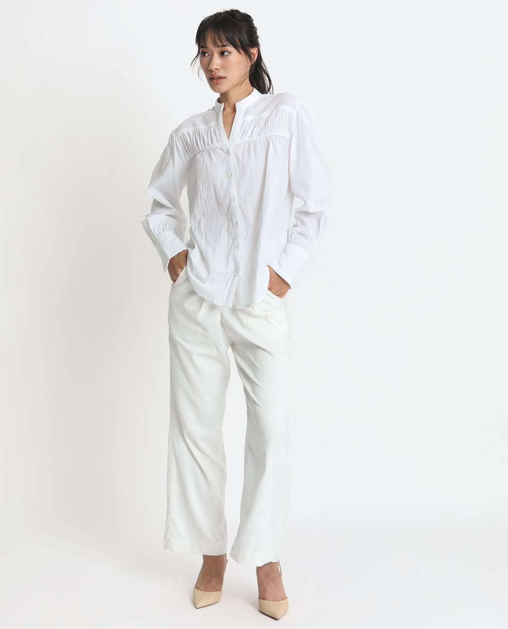Rareism Women's Stern White Cotton Mandarin Collar Plain Bishop Sleeve Relaxed Fit Top