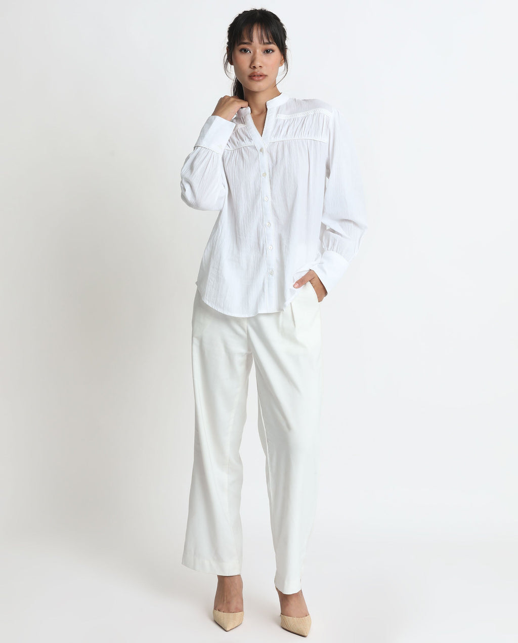 Rareism Women's Stern White Cotton Mandarin Collar Plain Bishop Sleeve Relaxed Fit Top