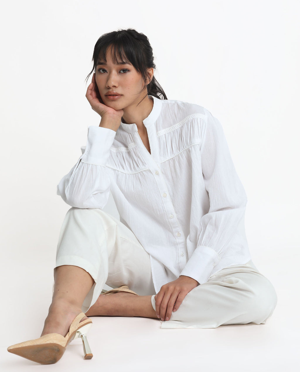 Rareism Women's Stern White Cotton Mandarin Collar Plain Bishop Sleeve Relaxed Fit Top