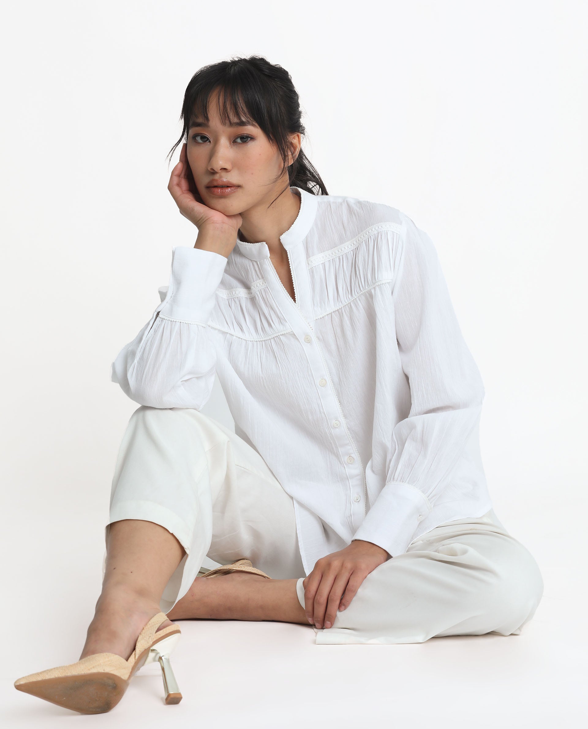 Rareism Women's Stern White Cotton Mandarin Collar Plain Bishop Sleeve Relaxed Fit Top
