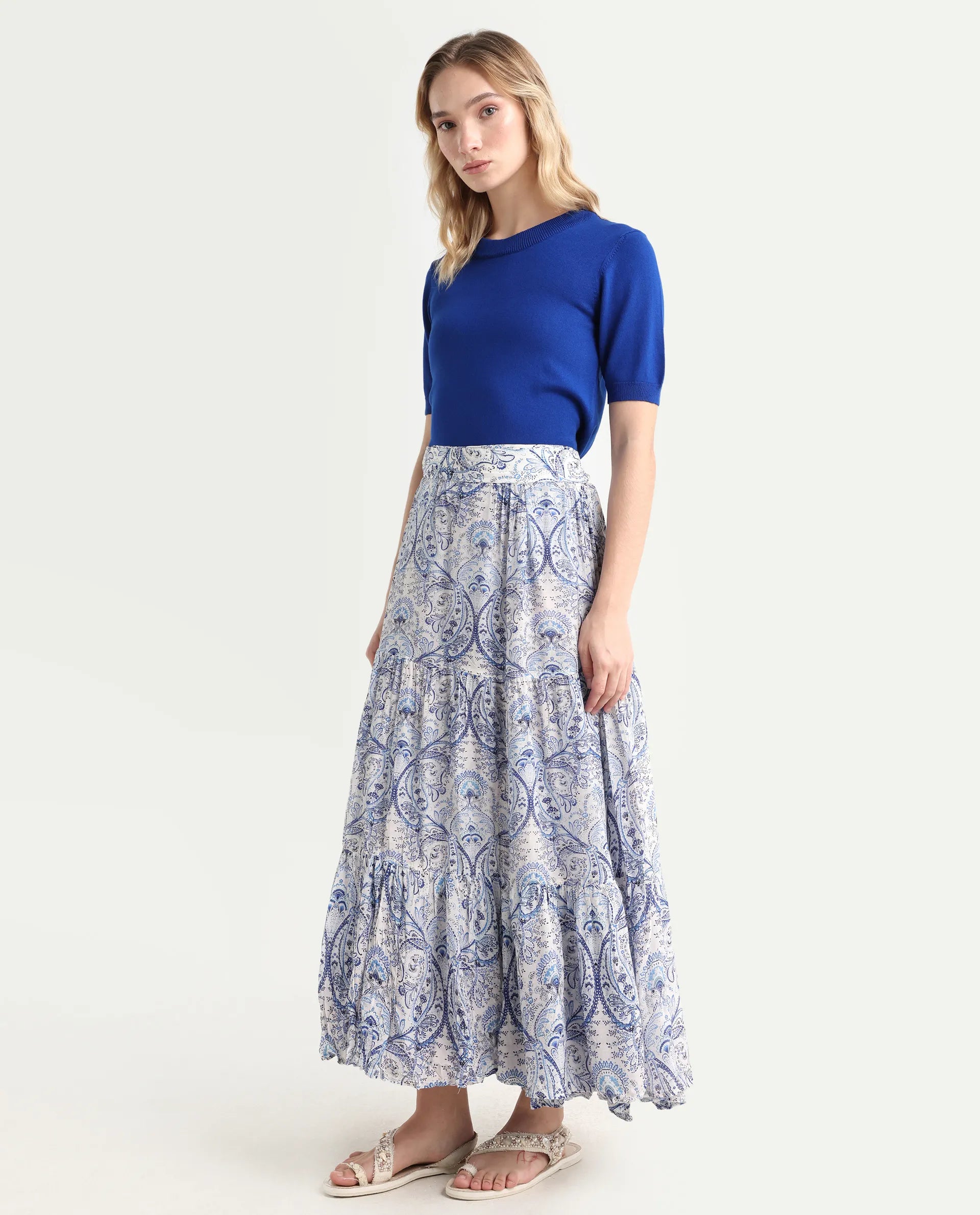 Rareism Women's Stignert Multi Cotton Paisley Print Ankle Length Relaxed Fit Skirt