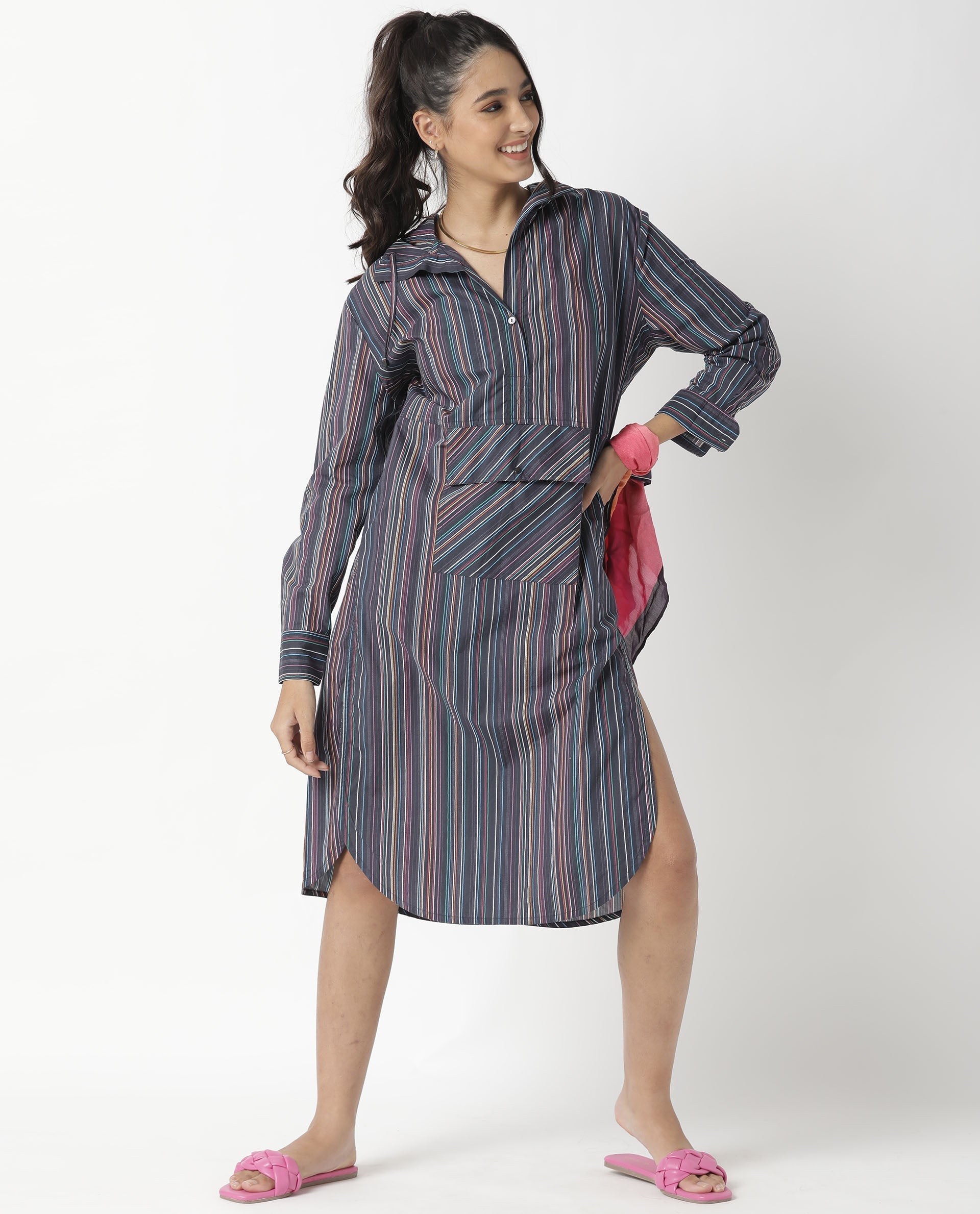 Rareism Women's Stipey Black Hooded Striped Knee Length Regular Fit Dress
