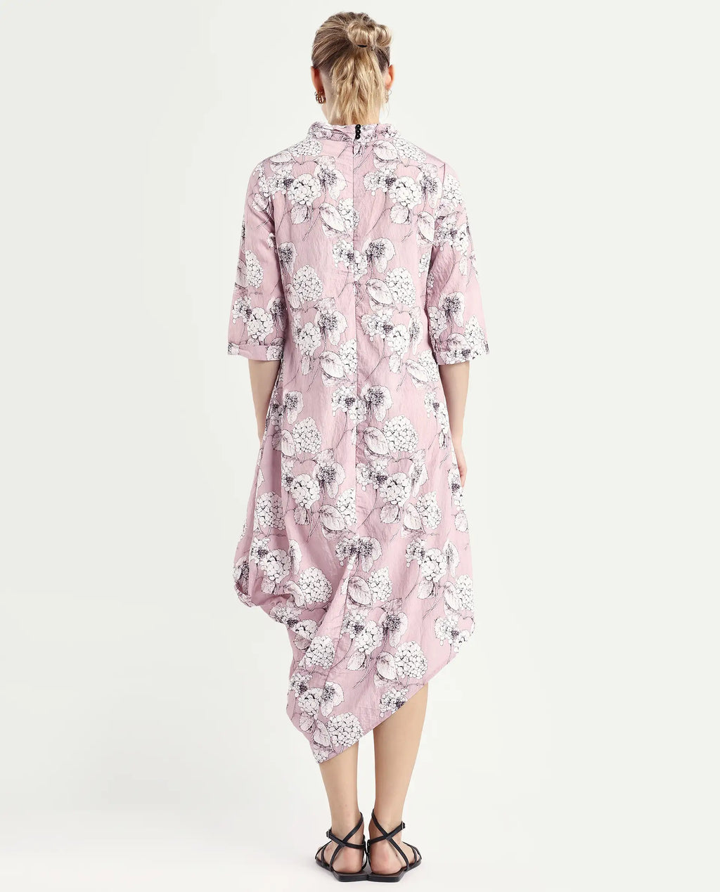 Rareism Women's Sullivio Dusky Pink Nylon Blend High Neck Floral Print Midi Relaxed Fit Dress