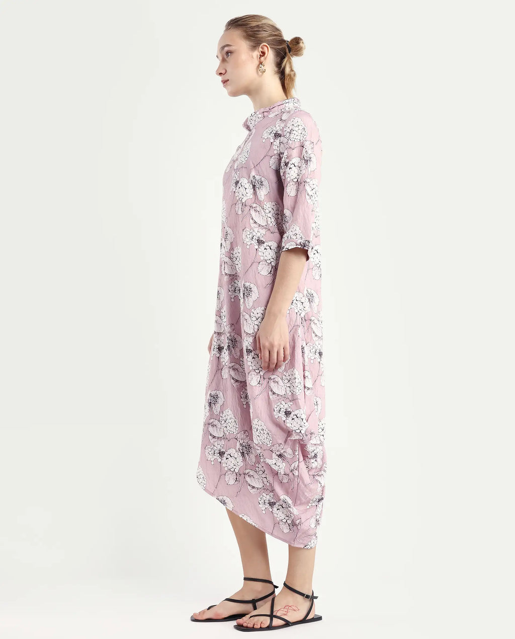 Rareism Women's Sullivio Dusky Pink Nylon Blend High Neck Floral Print Midi Relaxed Fit Dress
