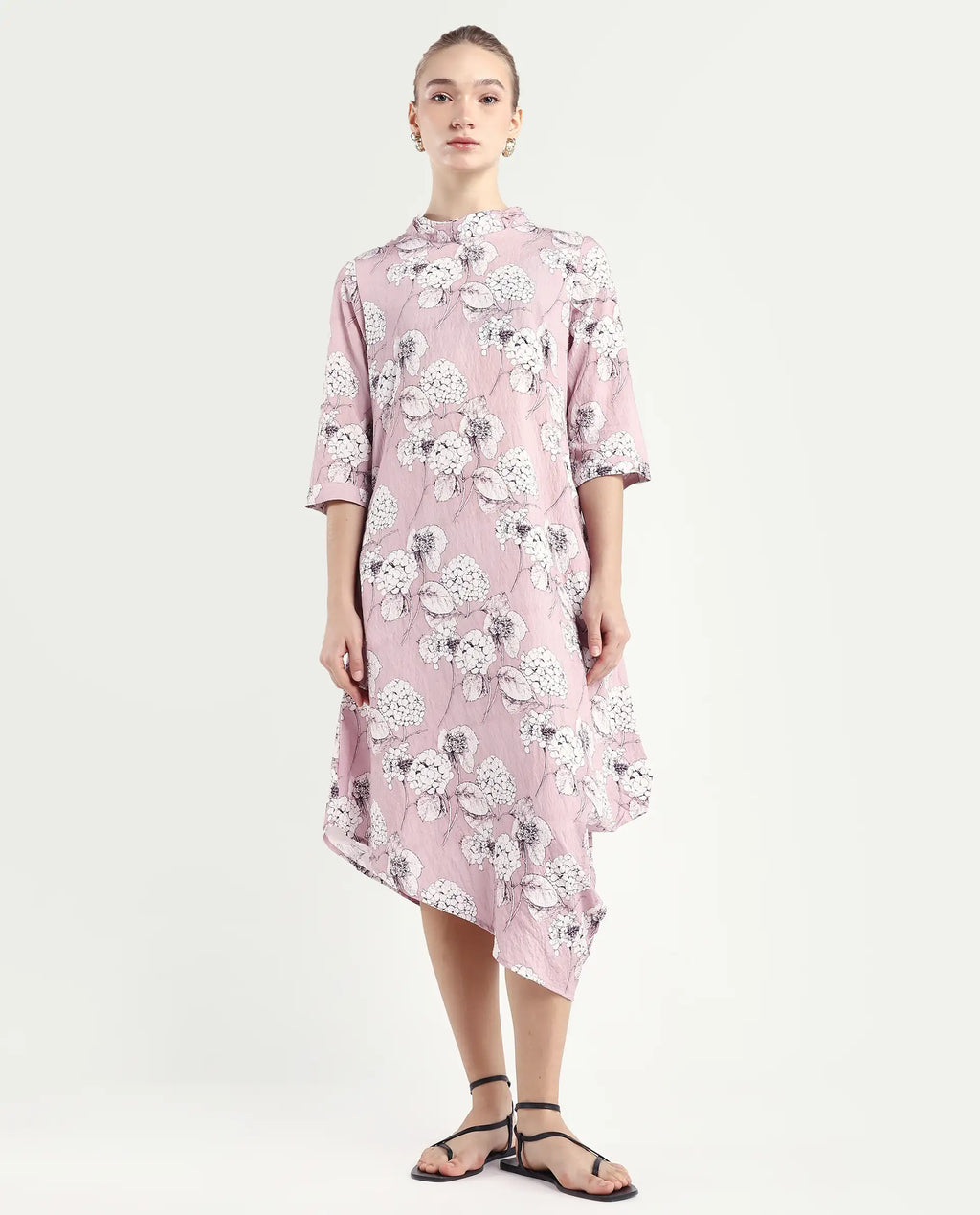 Rareism Women's Sullivio Dusky Pink Nylon Blend High Neck Floral Print Midi Relaxed Fit Dress