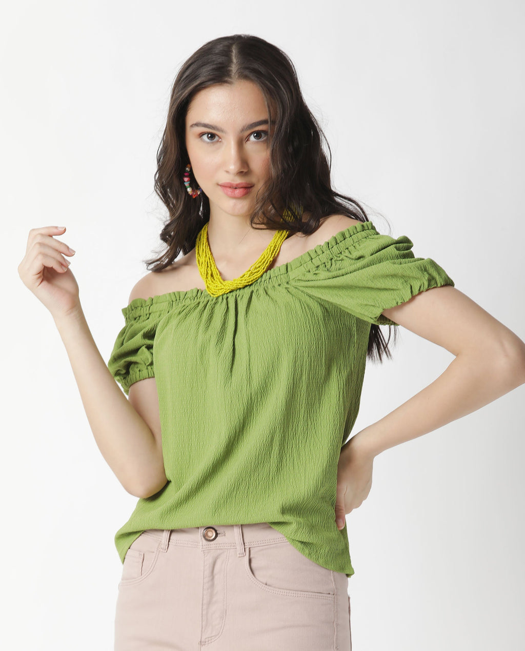 Rareism Women's Swag Green Cotton Blend Square Neck Plain Tailored Top