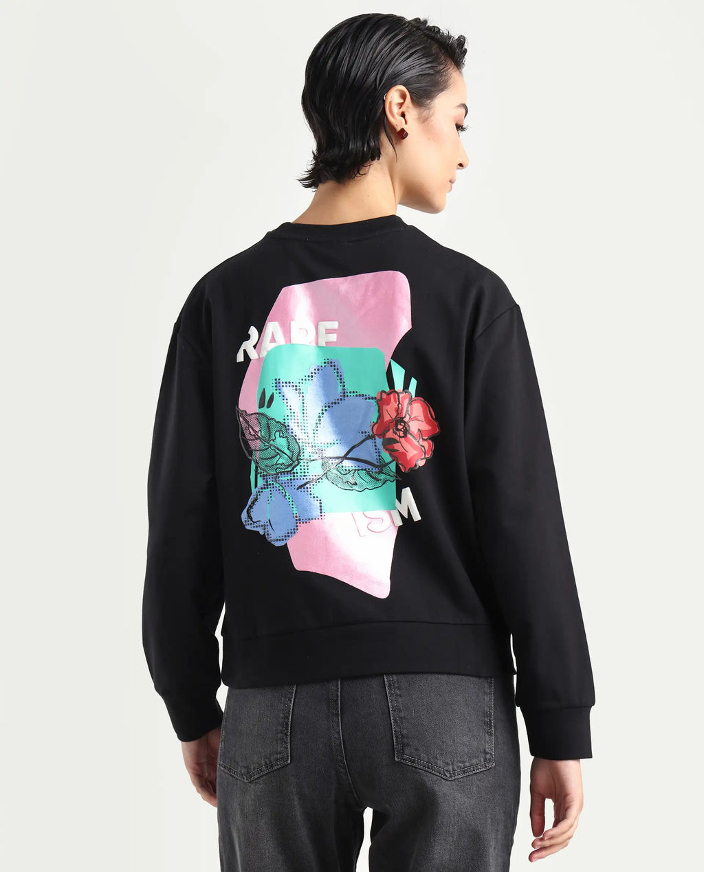 Rareism Women's Swoze Black Cotton Blend Crew Neck Graphic Print Relaxed Fit Sweatshirt