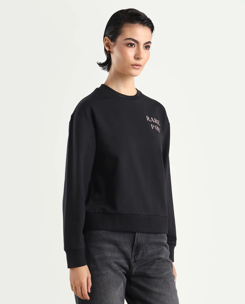 Rareism Women's Swoze Black Cotton Blend Crew Neck Graphic Print Relaxed Fit Sweatshirt