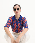 Rareism Women's Sylvi Multi Cotton Ribbed Collar Geometric Print Relaxed Fit Top