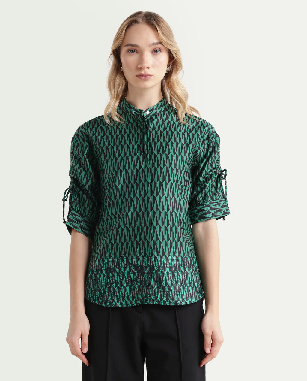 Rareism Women's Tafel Green Cotton Mandarin Collar Geometric Print Regular Fit Top