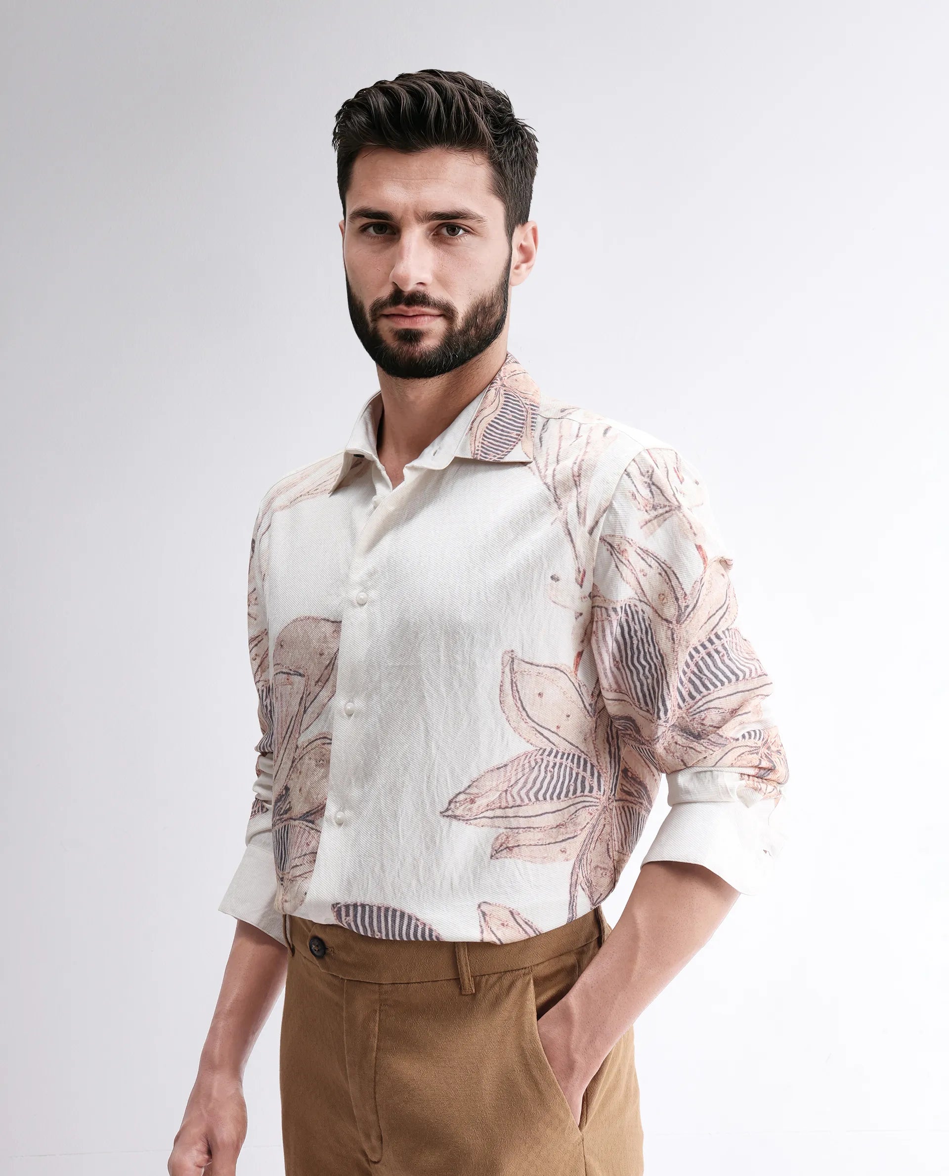Rare Rabbit Men's Taks White Viscose Blend Floral Print Regular Fit Full Sleeve Collared Shirt