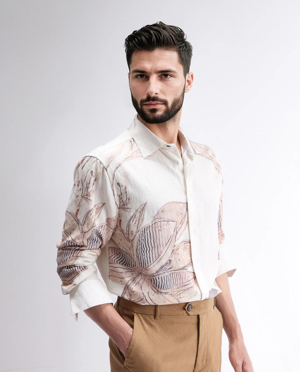 Rare Rabbit Men's Taks White Viscose Blend Floral Print Regular Fit Full Sleeve Collared Shirt
