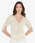 Rareism Women's Tangiren Light Beige Polyester V-Neck Plain Gathered Sleeve Regular Fit Top