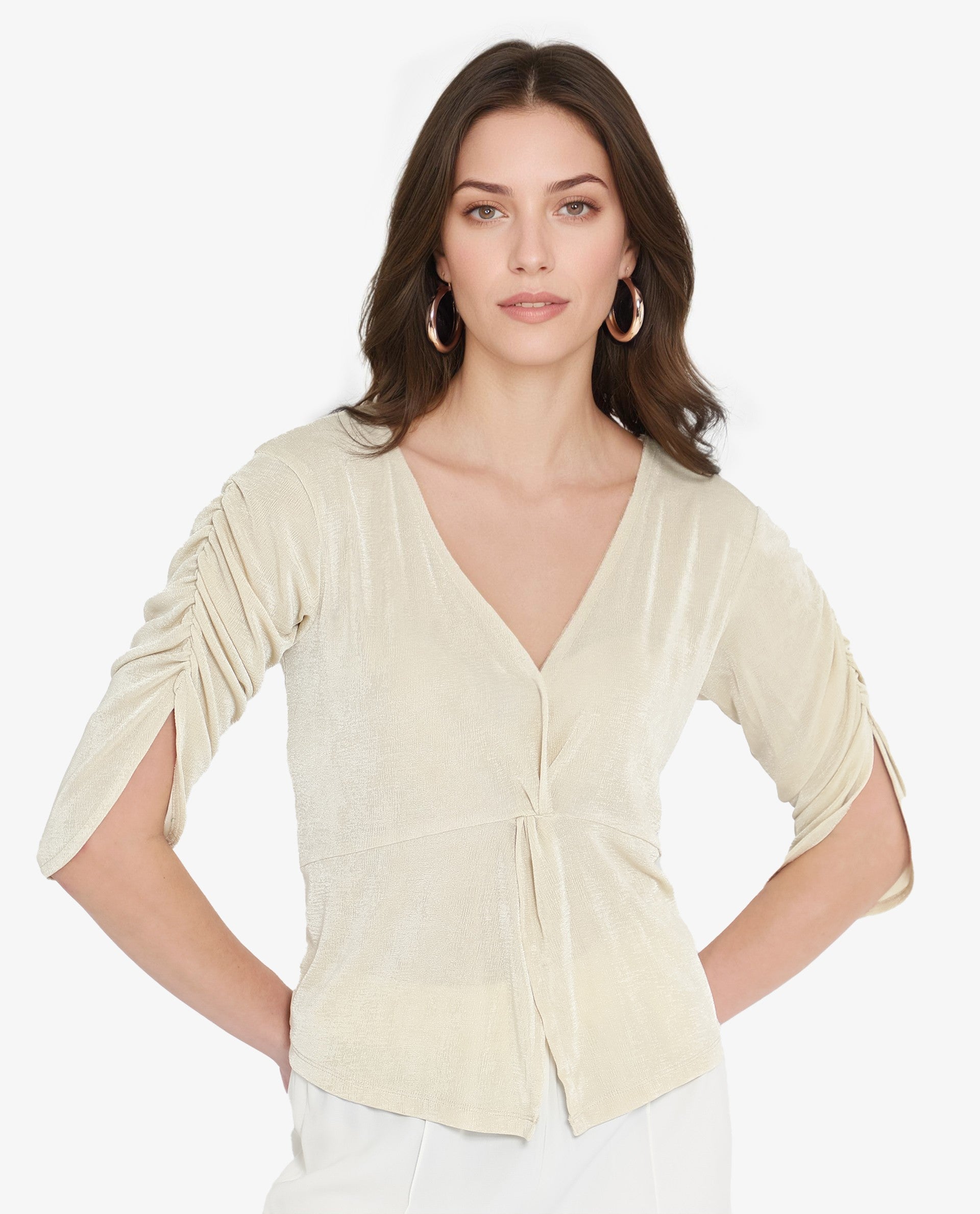 Rareism Women's Tangiren Light Beige Polyester V-Neck Plain Gathered Sleeve Regular Fit Top