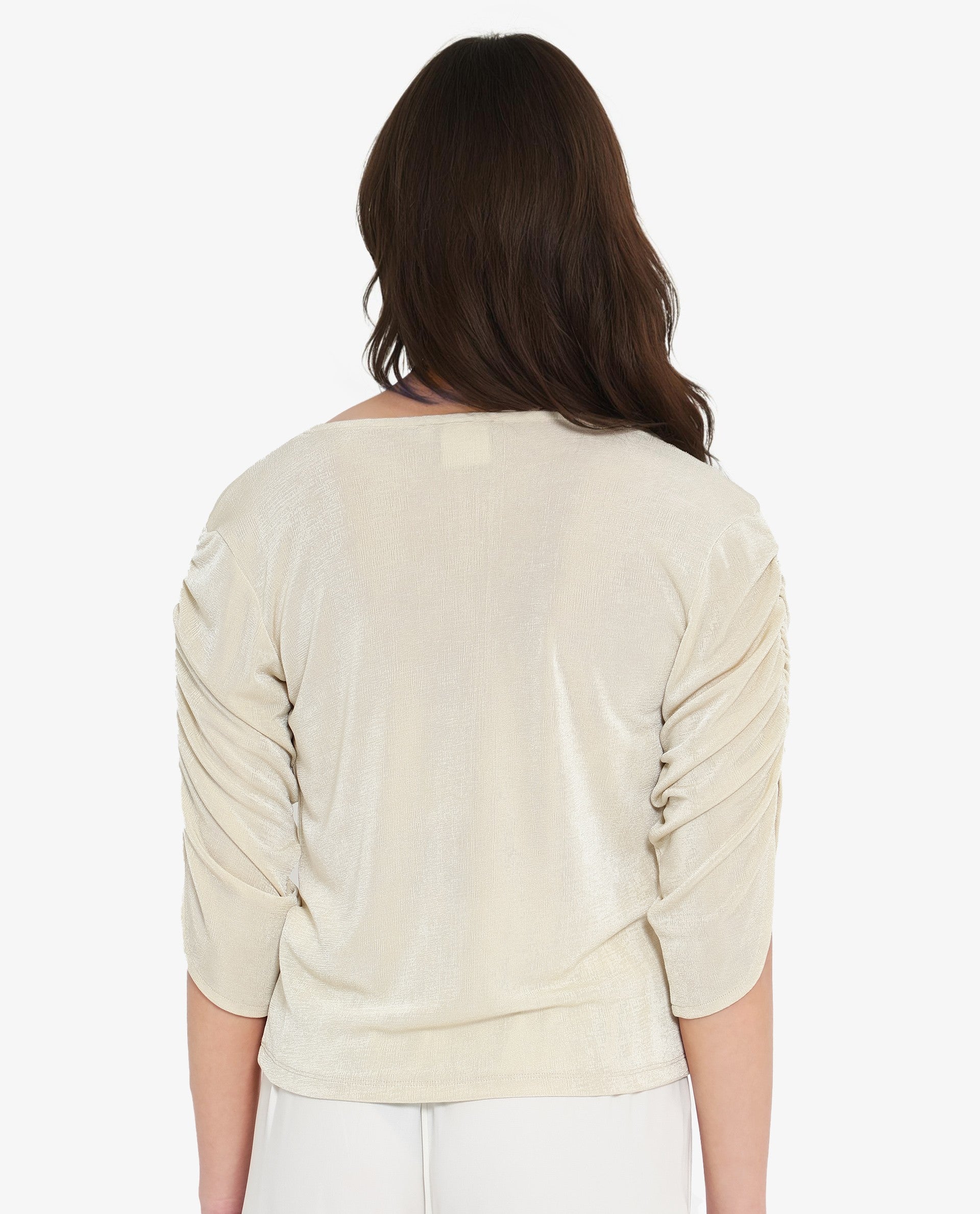 Rareism Women's Tangiren Light Beige Polyester V-Neck Plain Gathered Sleeve Regular Fit Top