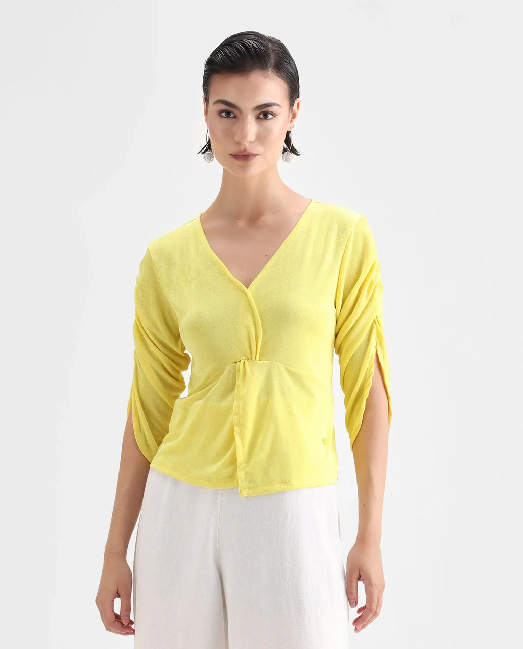 Rareism Women's Tangiren Yellow Polyester V-Neck Plain Gathered Sleeve Regular Fit Top