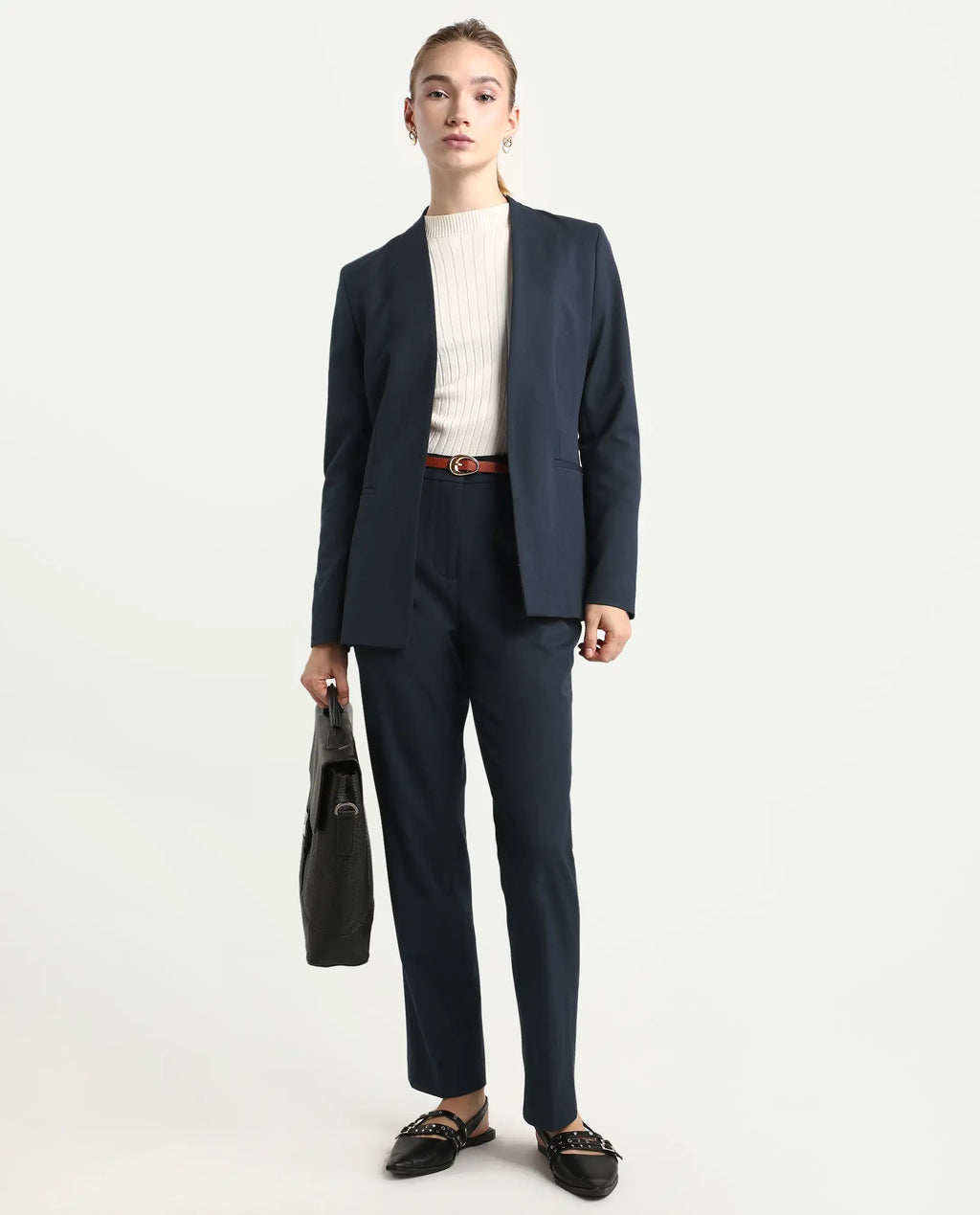 Rareism Women's Taper Navy Polyester Blend Tapered Ankle Length Plain Travel Trouser