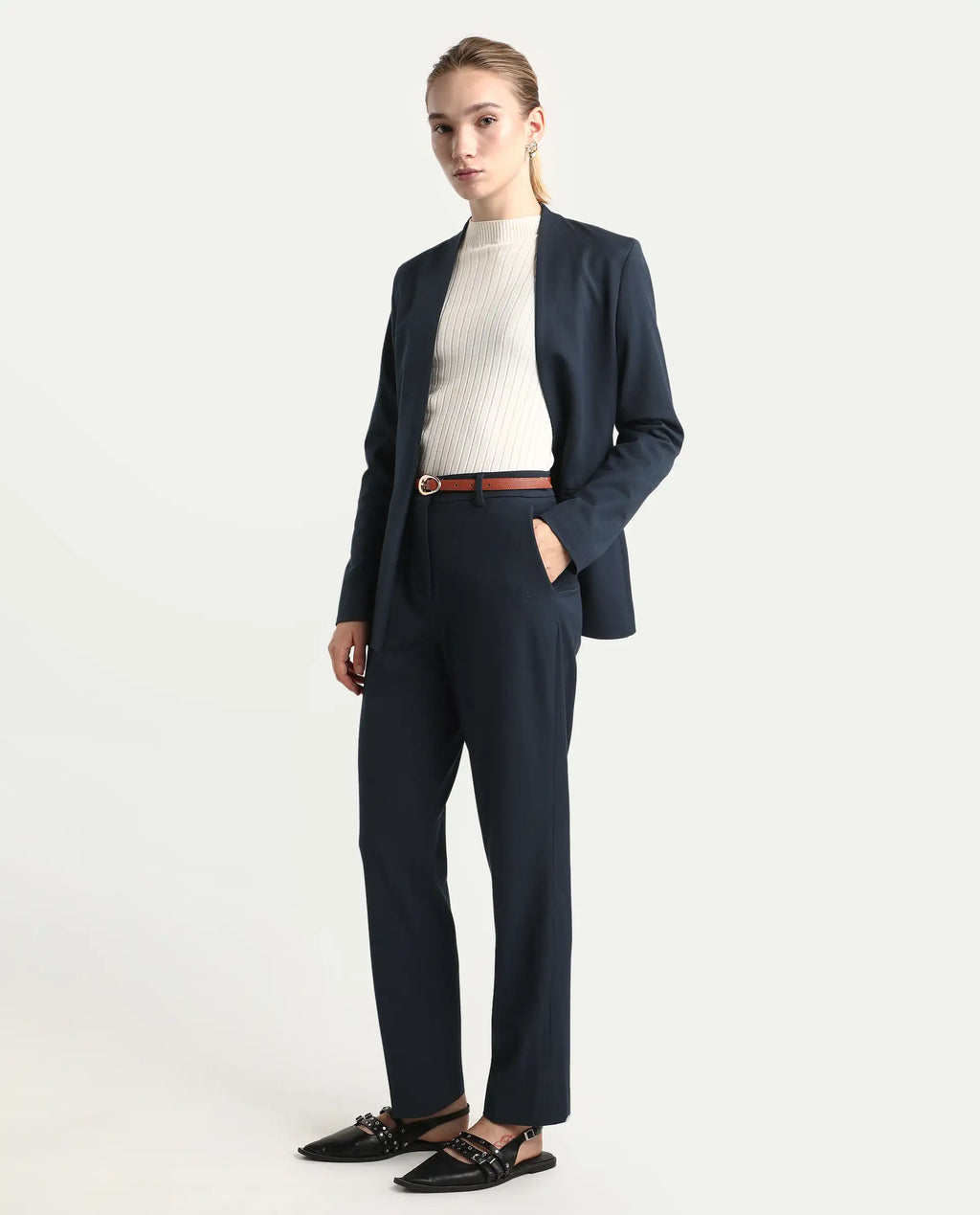 Rareism Women's Taper Navy Polyester Blend Tapered Ankle Length Plain Travel Trouser