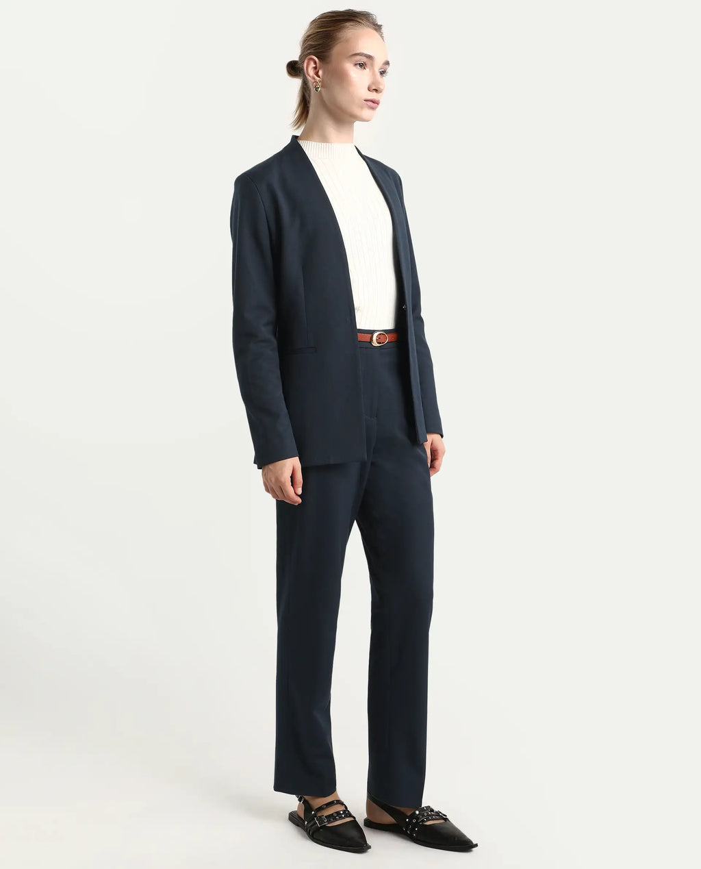 Rareism Women's Taper Navy Polyester Blend Tapered Ankle Length Plain Travel Trouser