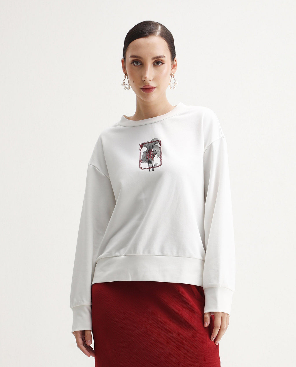 Rareism Women's Taq Off White Cotton Blend Crew Neck Relaxed Fit Graphic Print Sweatshirt