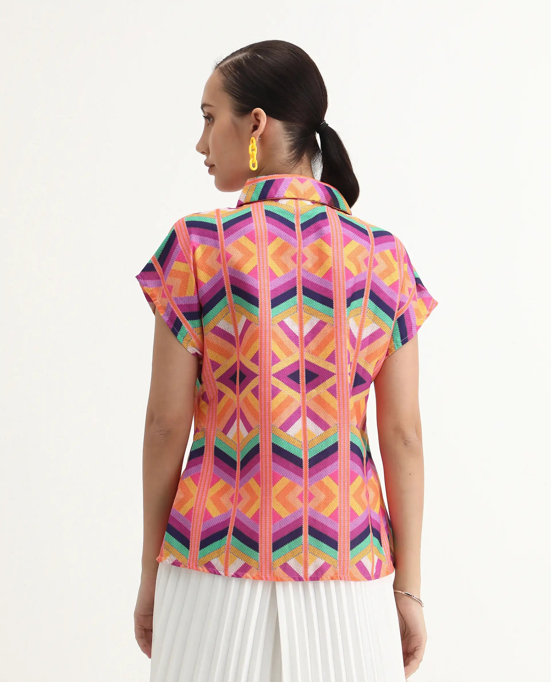 Rareism Women's Tarasa Multi Linen Spread Collar Geometric Print Extended Sleeves Regular Fit Top