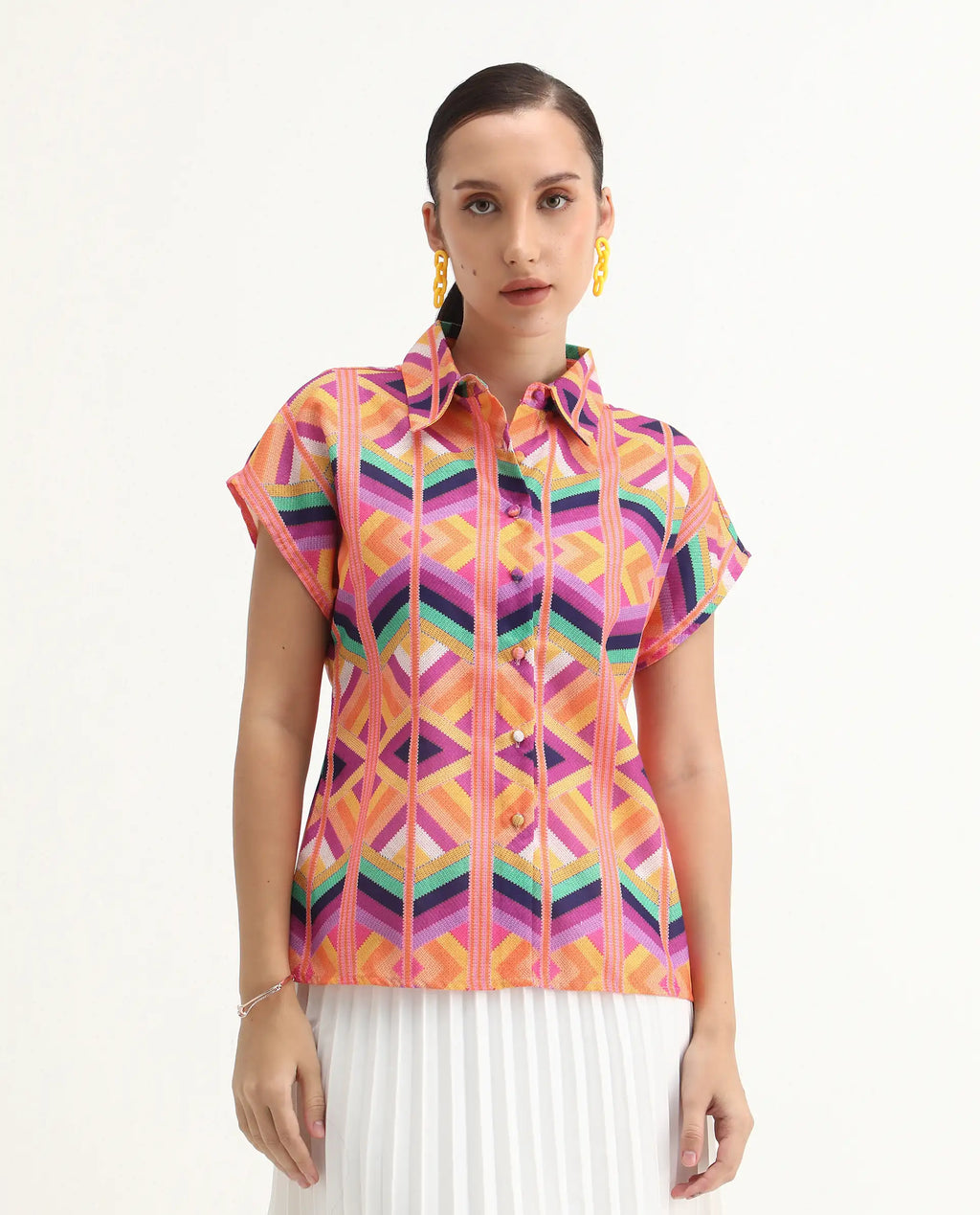 Rareism Women's Tarasa Multi Linen Spread Collar Geometric Print Extended Sleeves Regular Fit Top