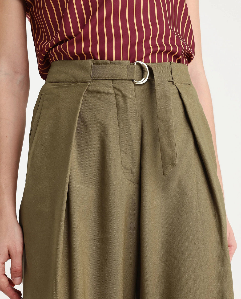 Rareism Women's Tarina Mustard Viscose Blend Plain Ankle Length Wide Trouser