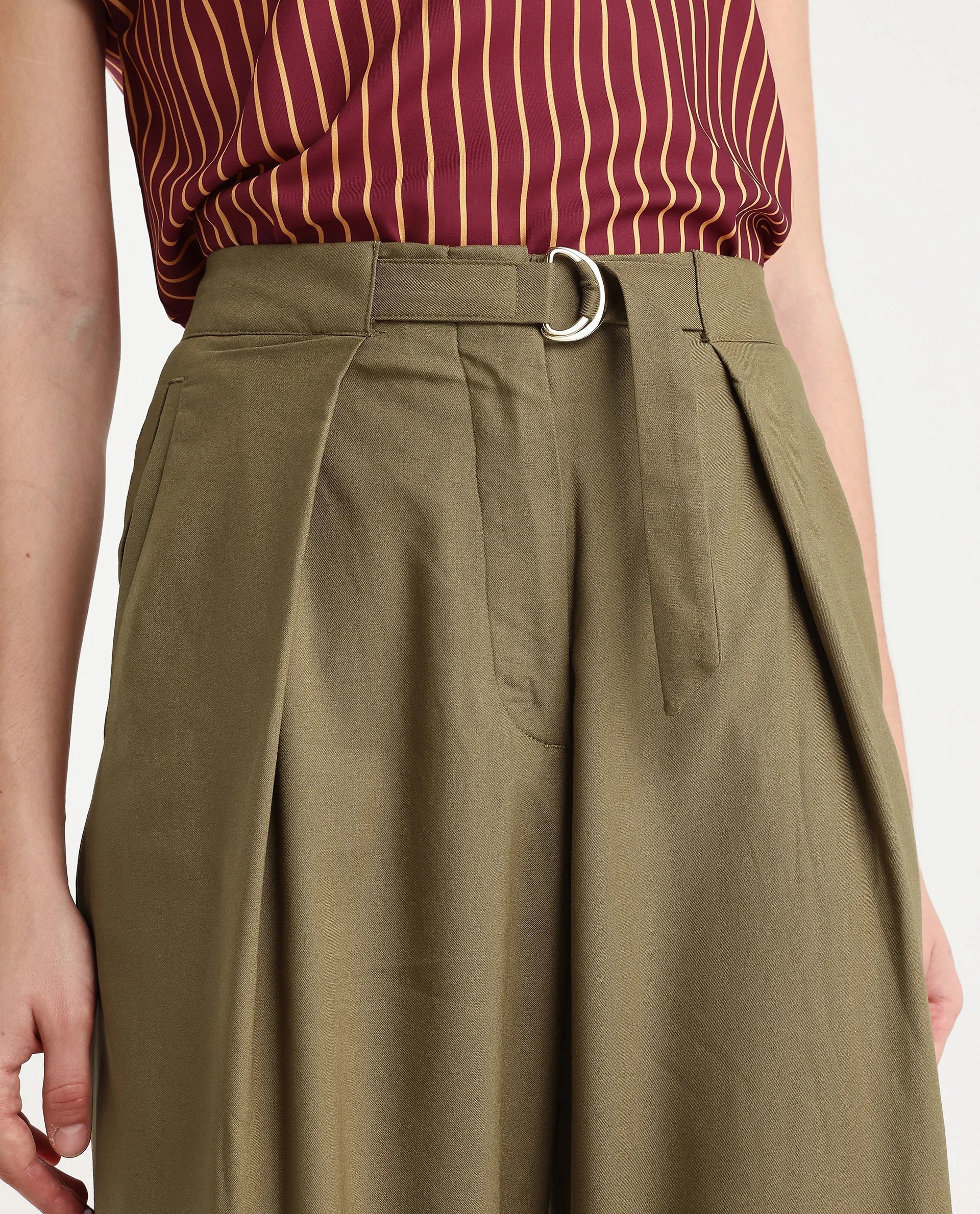 Rareism Women's Tarina Mustard Viscose Blend Plain Ankle Length Wide Trouser