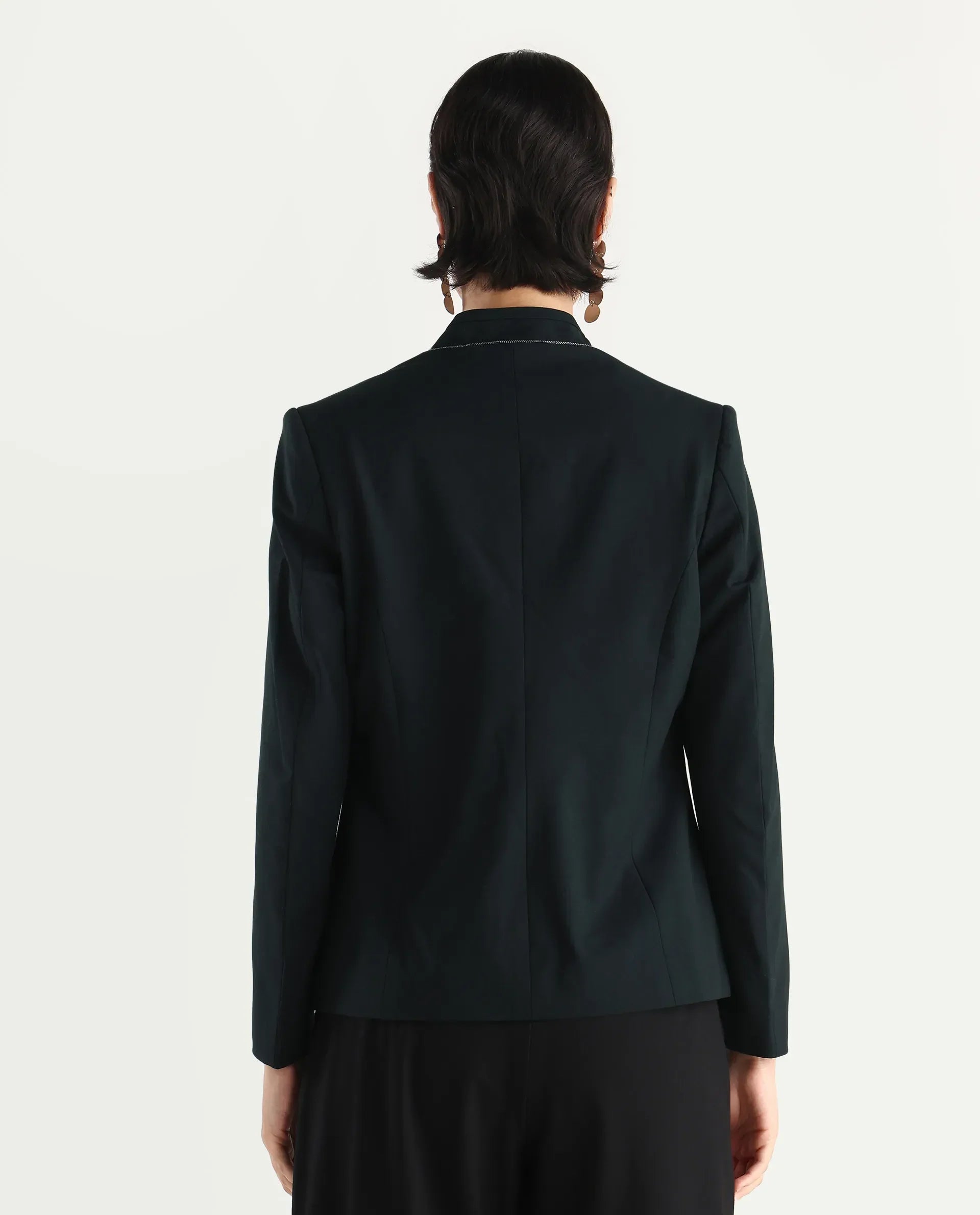 Rareism Women's Tasmania Dark Green Mandarin Collar Plain Regular Fit Jacket