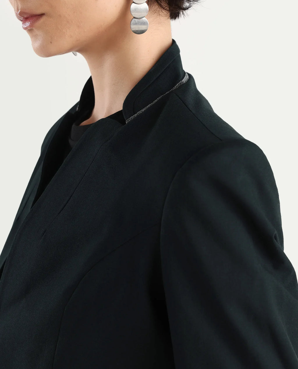 Rareism Women's Tasmania Dark Green Mandarin Collar Plain Regular Fit Jacket