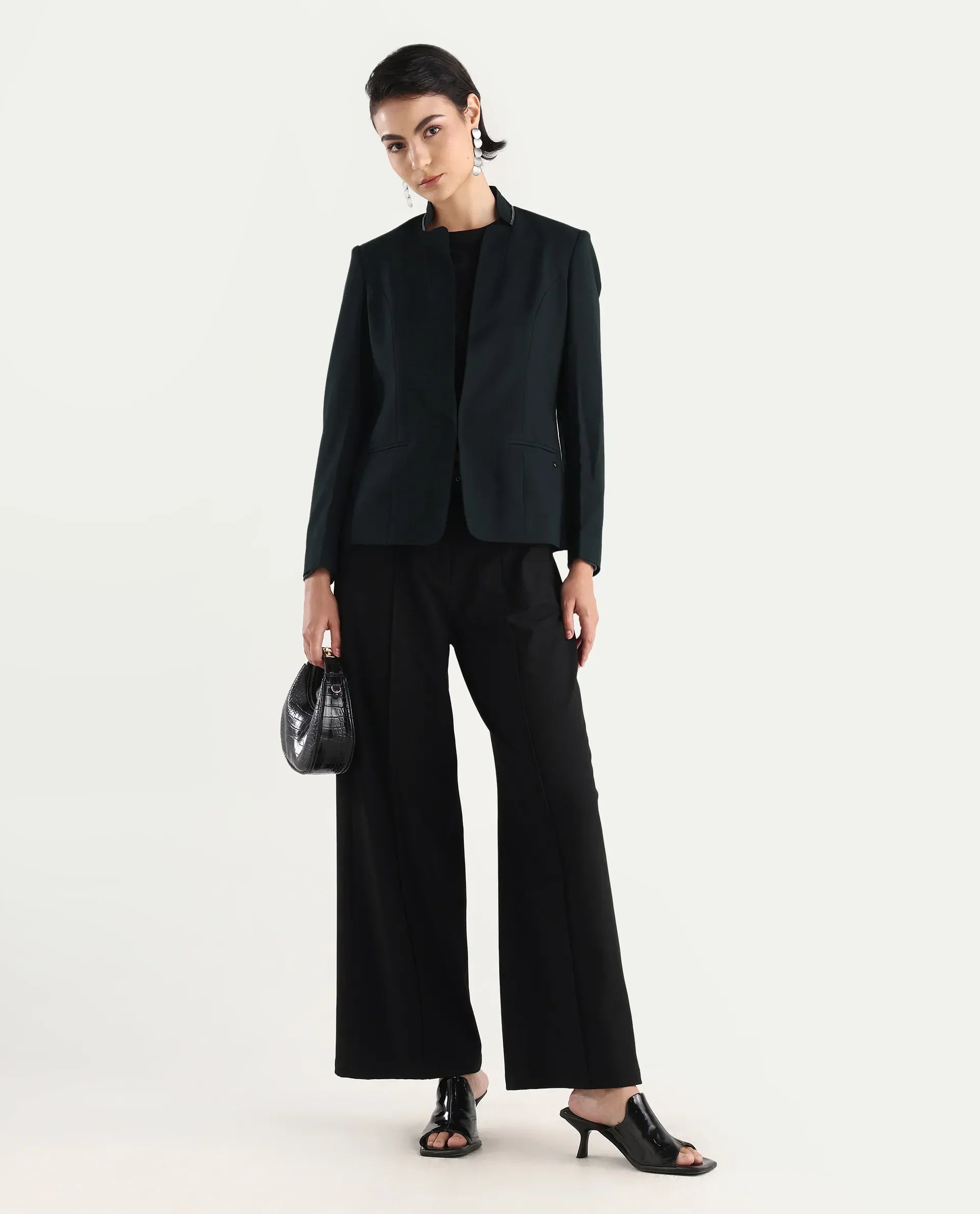 Rareism Women's Tasmania Dark Green Mandarin Collar Plain Regular Fit Jacket